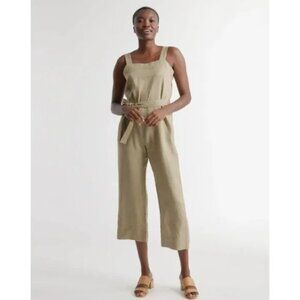 Quince Olive Green Linen Jumpsuit sz M Sleeveless Square Neck Belted Women's *
